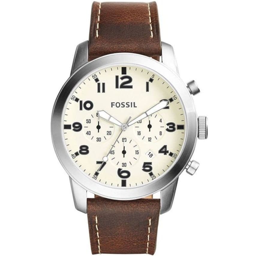 Fossil Men's FS5146 Pilot Watch – White Dial and Brown Leather Strap