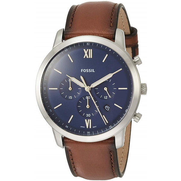 Fossil Men's Watch FS5453 - Navy Blue Face with Aged Leather Strap