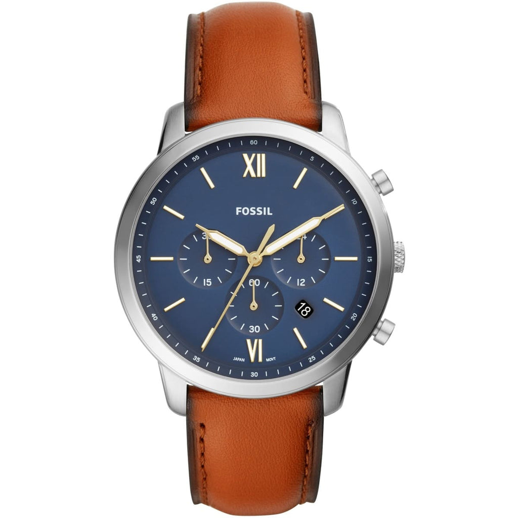 Fossil Men's Watch FS5453 - Navy Blue Face with Aged Leather Strap