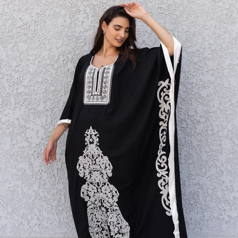 Elegant Black plus size embroidered Kaftan, Loose fit Bohemian Caftan