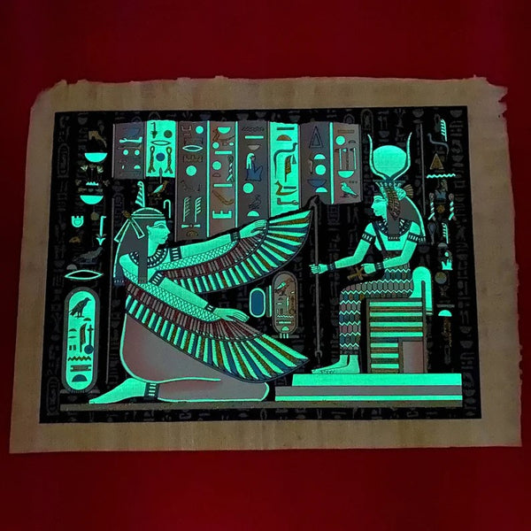 Elegant Soul Ritual Egyptian Papyrus Painting of Goddess Maat and Isis