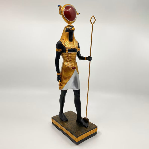 Egyptian God Ra Statue – Falcon Deity with Sun Disk and Staff of Power