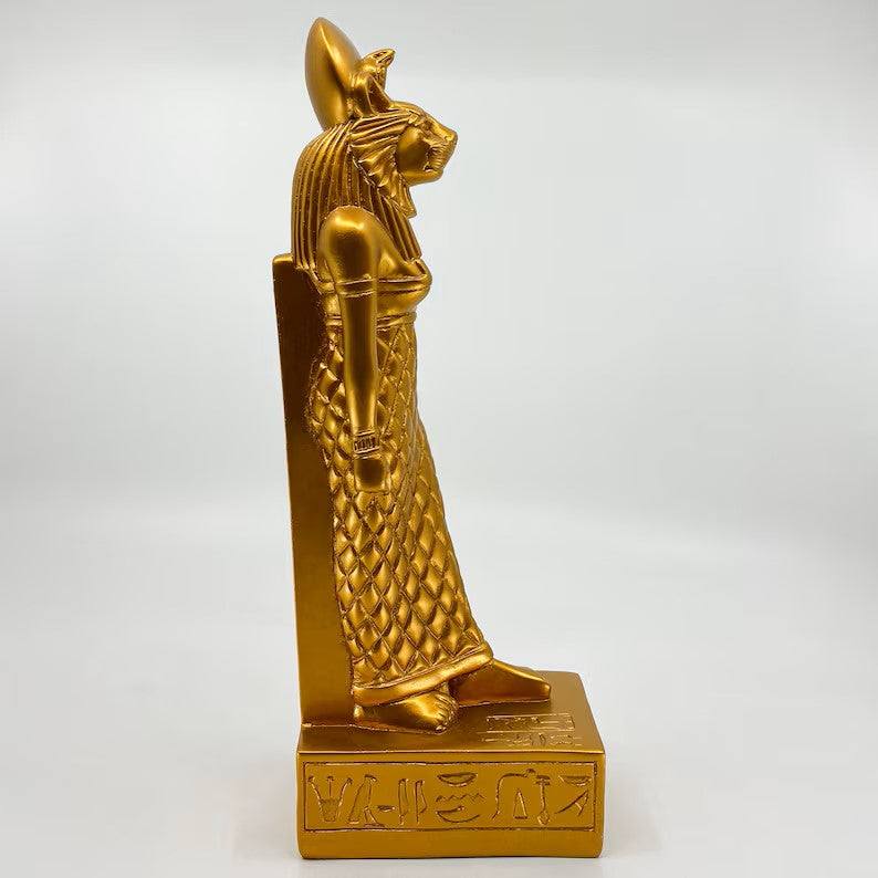 RARE Golden Sekhmet Healing Statue – Handcrafted Stone - 24K Gold Leaf