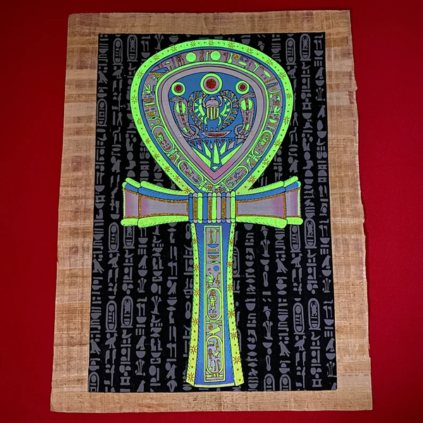 Sacred Ankh Egyptian Glowing Papyrus Painting - Unique Wall Decor