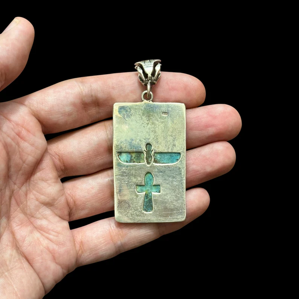 Egyptian Hieroglyphic Amulet - Genuine Faience and Silver Pendant
