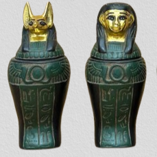 Egyptian winged sun canopic jars set, museum reproduction — full set view for scale