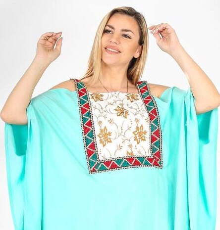 Aqua embroidered Egyptian cotton Caftan