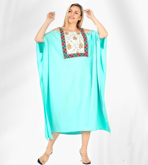 Aqua embroidered Egyptian cotton Caftan