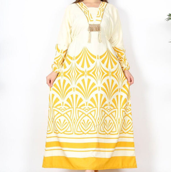 Yellow printed cotton Caftan, Egyptian cotton Kaftan