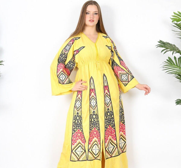 Chic Yellow Egyptian embroidered cotton Caftan