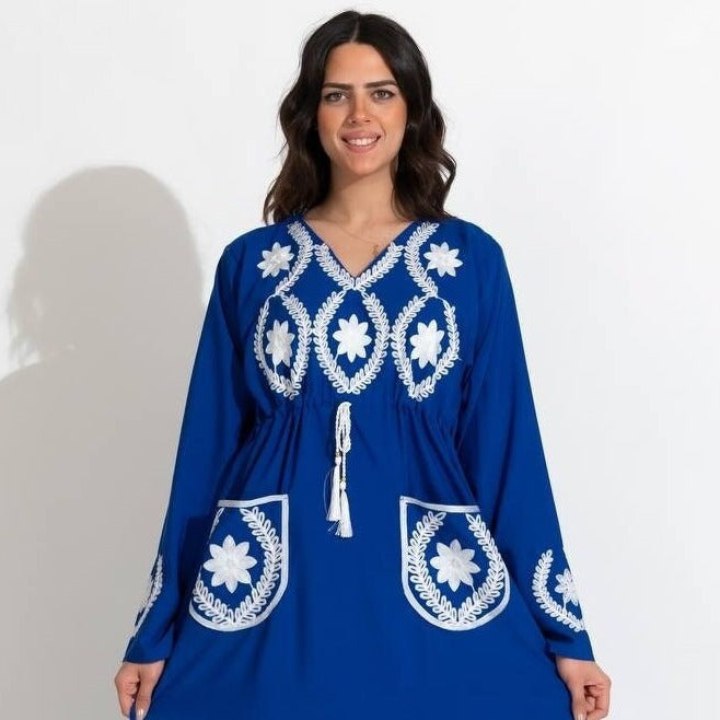 Fancy Blue Egyptian Embroidered cotton Caftan