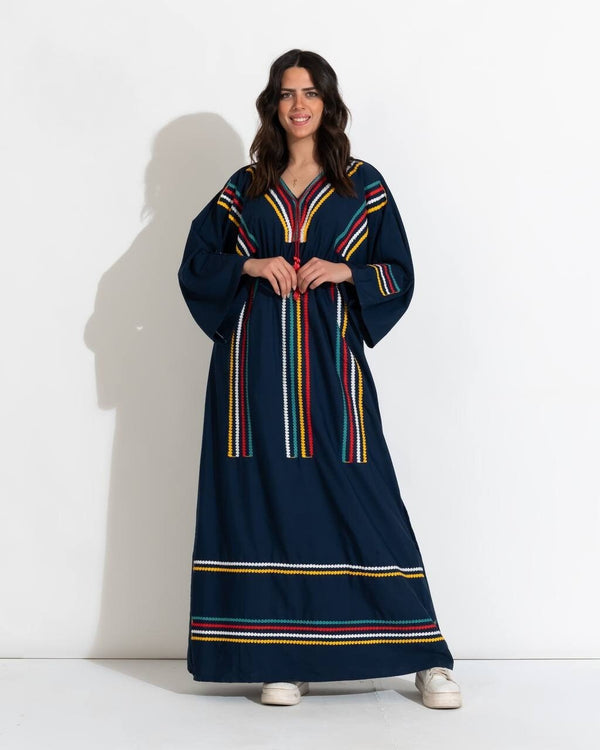 Trendy Navy blue Embroidered cotton Caftan