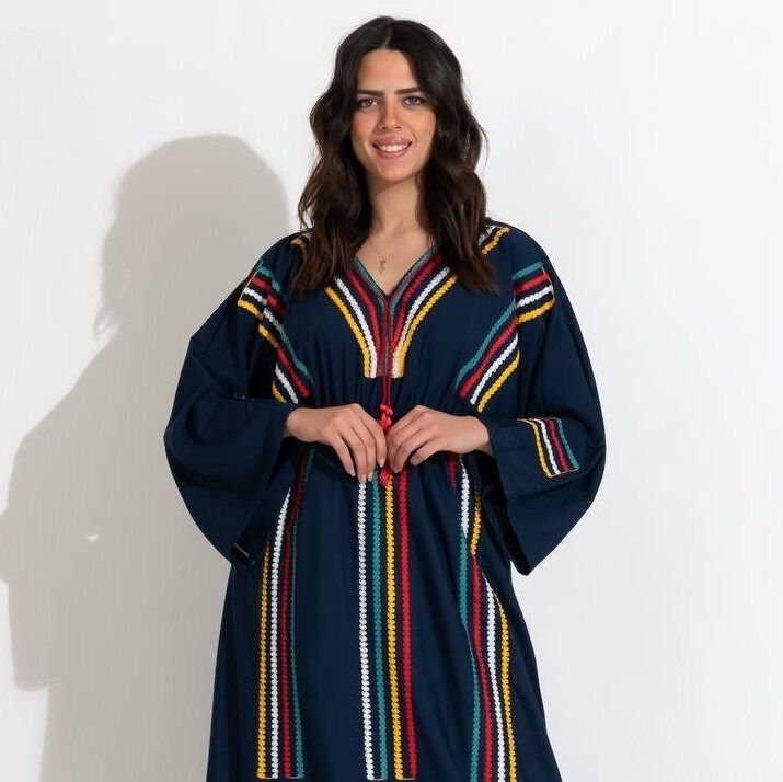 Trendy Navy blue Embroidered cotton Caftan