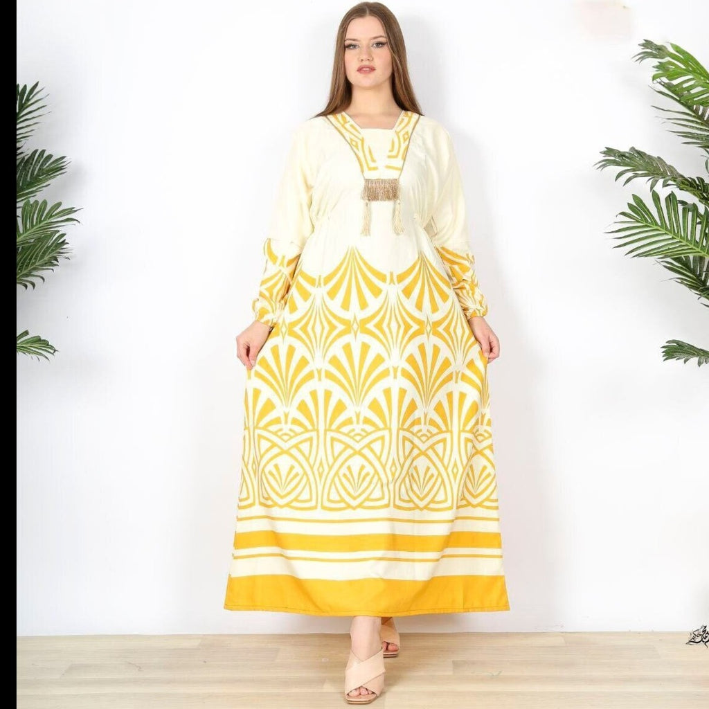 Yellow printed cotton Caftan, Egyptian cotton Kaftan