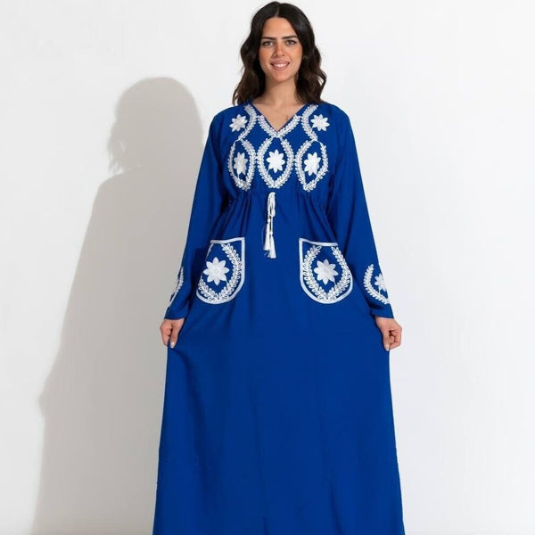 Fancy Blue Egyptian Embroidered cotton Caftan