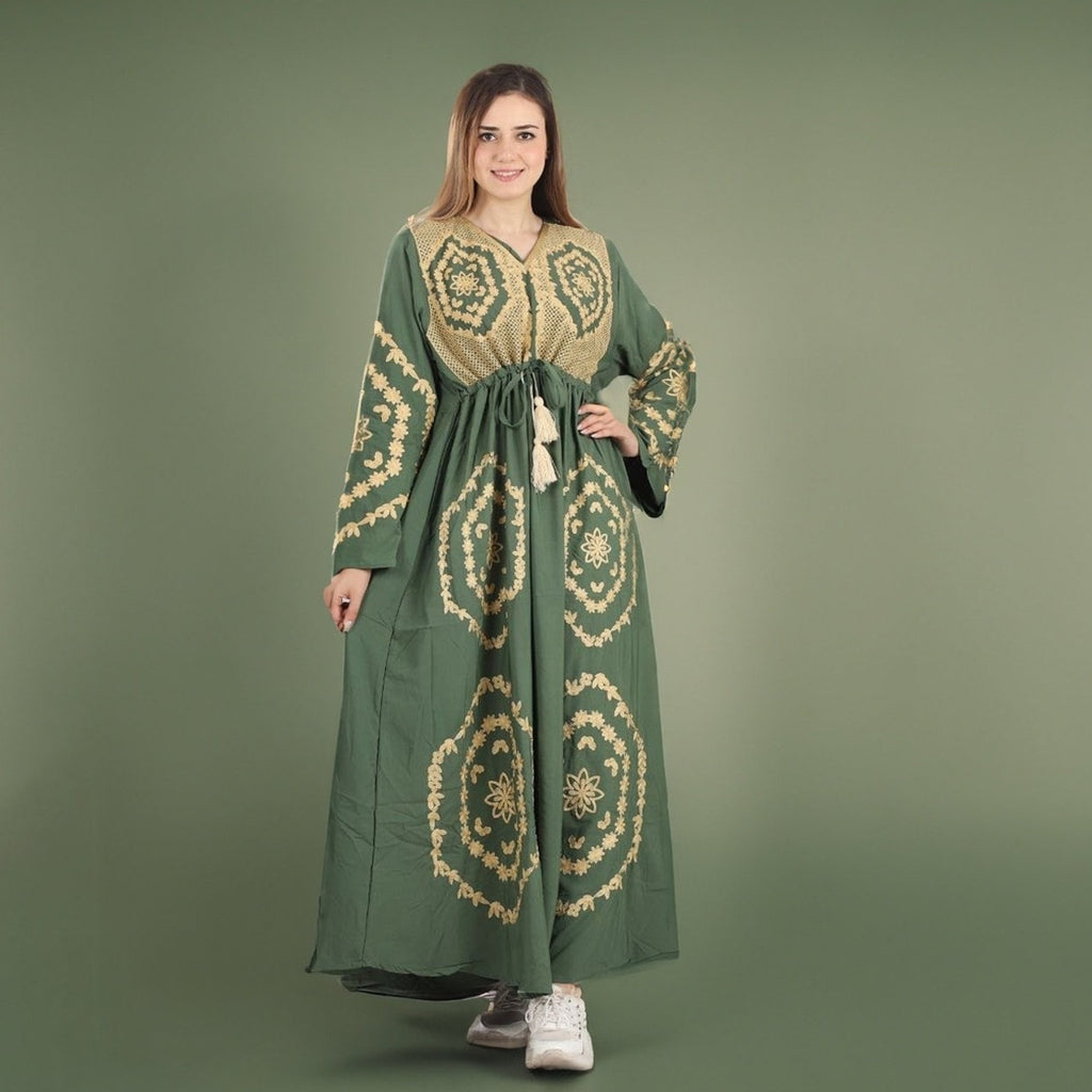 Elegant Green embroidered kaftan dress, Long sleeve caftan Wanna Stuff Elegant Green embroidered kaftan dress, Long sleeve caftan Wanna Stuff