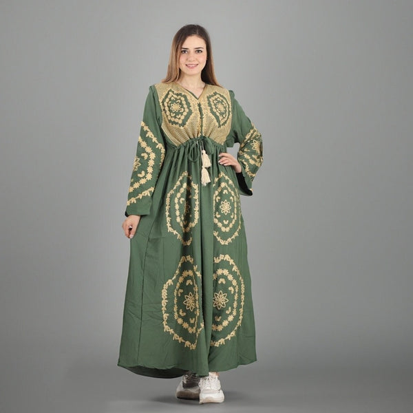 Elegant Green embroidered kaftan dress, Long sleeve caftan