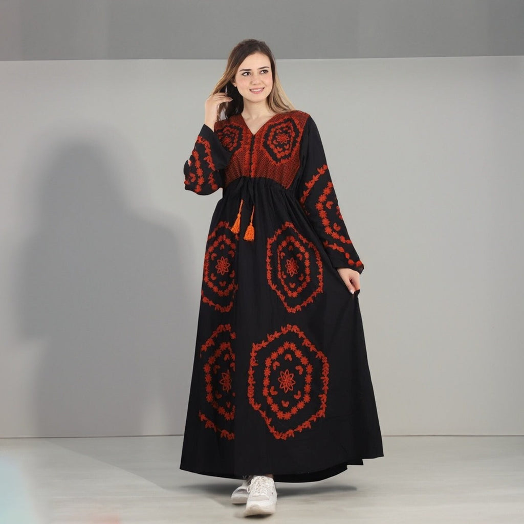 Elegant Black embroidered kaftan dress, Cotton caftan