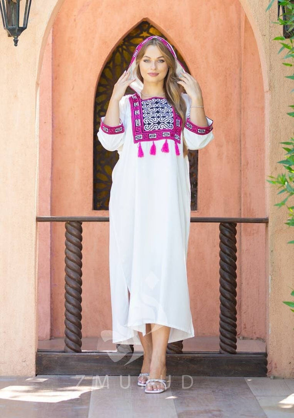 White Moroccan Embroidered cotton Caftan, Egyptian Caftan