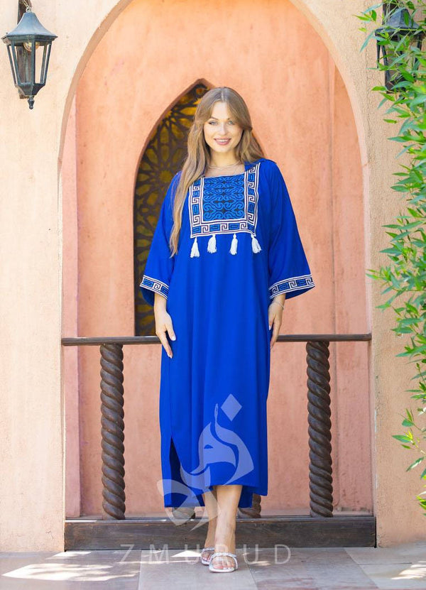 Blue Moroccan Embroidered cotton Caftan, Egyptian Caftan