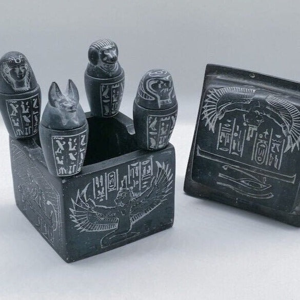 Elegant Set of 4 Black Handcrafted Ancient Egyptian Canopic