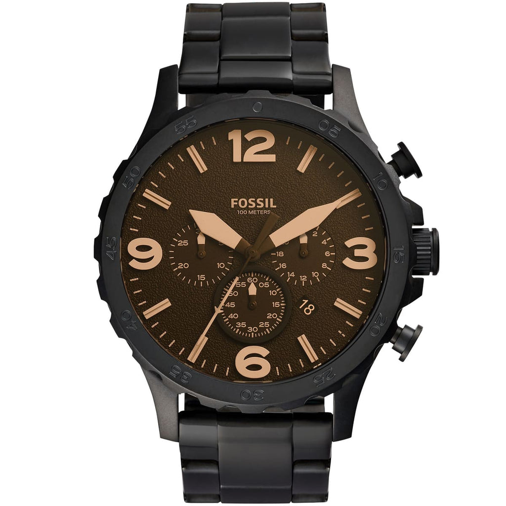Fossil Nate JR1356 Men's Watch - Black Dial and Black Metal Strap