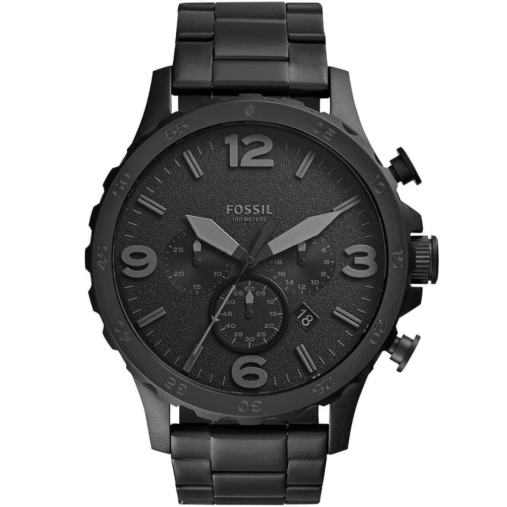 Fossil Nate JR1401 Watch - Black Dial and Black Stainless Steel Strap