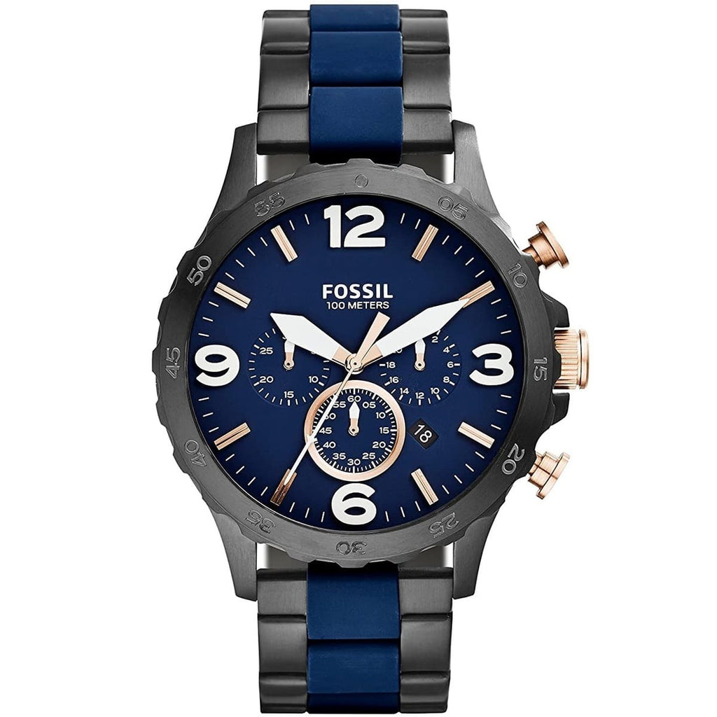 Fossil Nate JR1494 Men's Watch - Blue Dial and Black/Blue Metal Strap