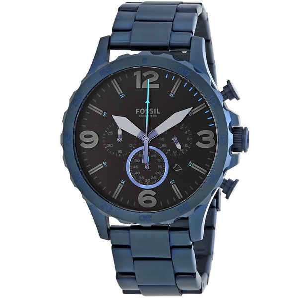 Fossil Nate JR1530 Men's Watch - Black Dial and Blue Metal Bracelet