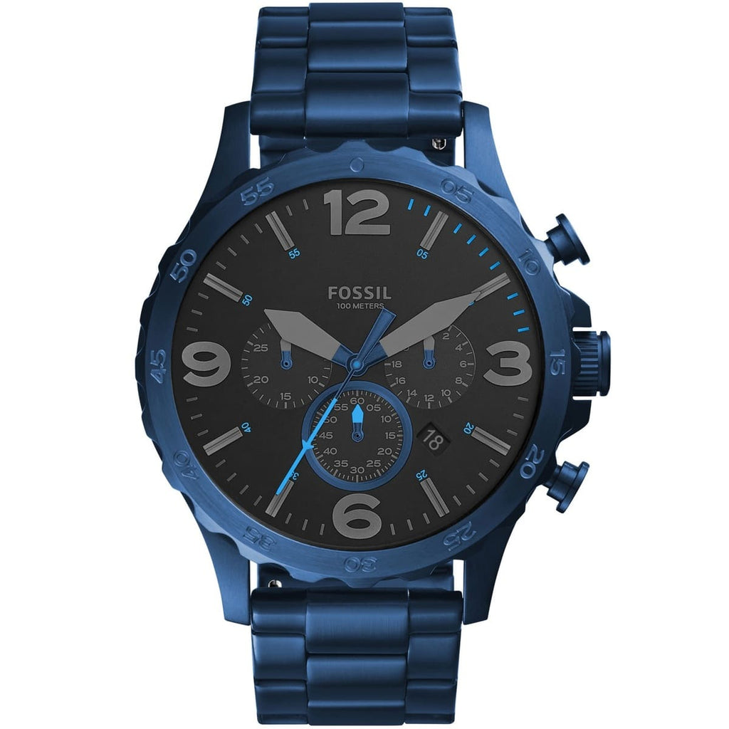 Fossil Nate JR1530 Men's Watch - Black Dial and Blue Metal Bracelet