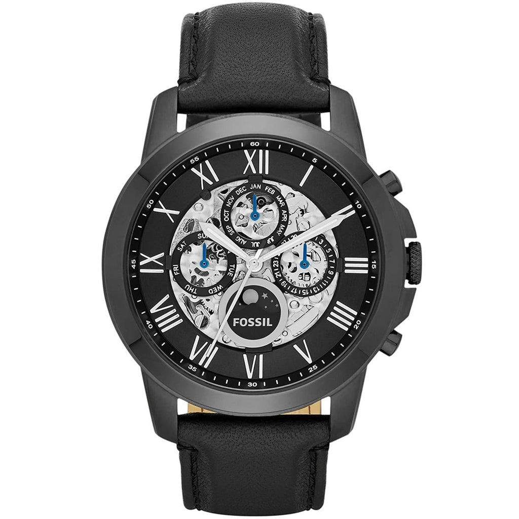 Fossil Grant ME3028 Watch - All-Black Face with Matching Leather Strap
