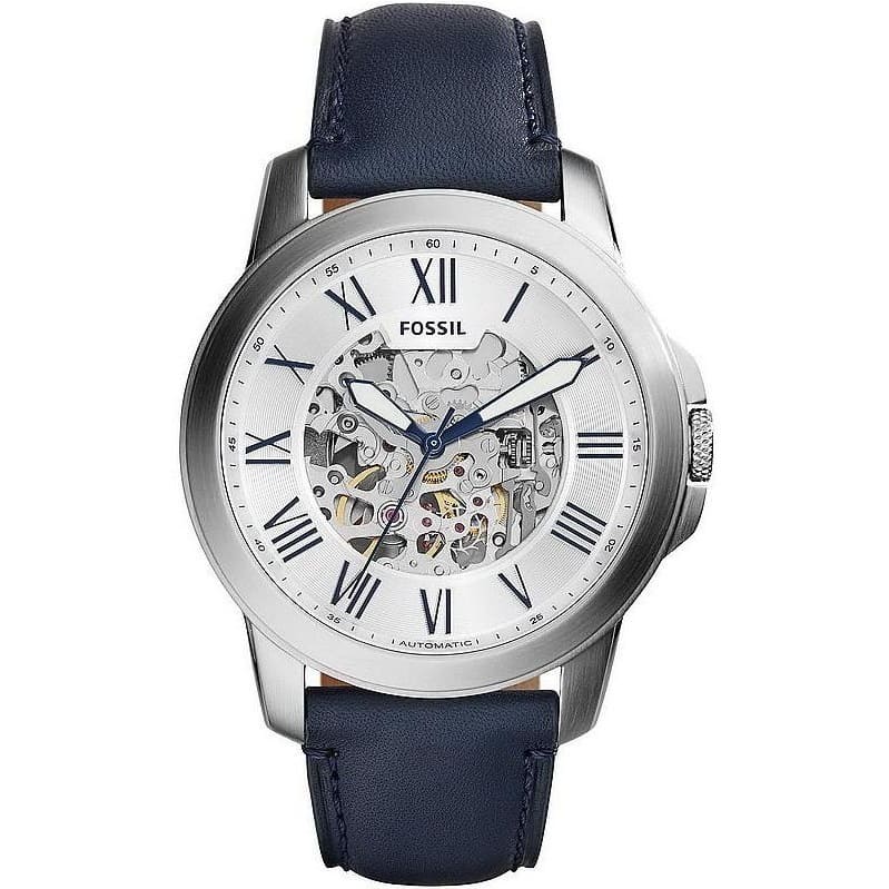 Fossil Grant Skeleton ME3111 Watch - Silver Dial and Blue Leather Band