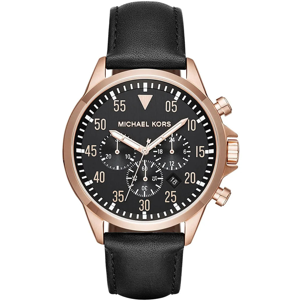 Michael Kors Gage Watch for Men - Black Leather, Black Dial | MK8535