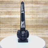 Black Egyptian Obelisk – Hand-Carved Stone Monument with Hieroglyph and Scarab Carvings