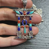 Handcrafted Egyptian Ankh Pendant in Silver with Lapis-Tone, Turquoise-Tone & Coral-Tone Accents