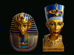 Two-piece set of handmade museum reproductions: Tutankhamun golden mask and Nefertiti bust statues