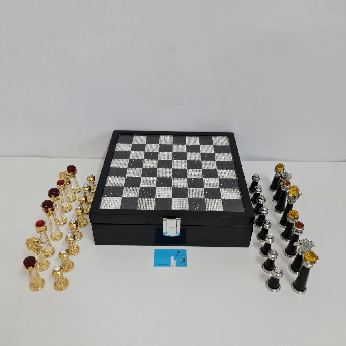 Full board view of Asfour crystal chess set