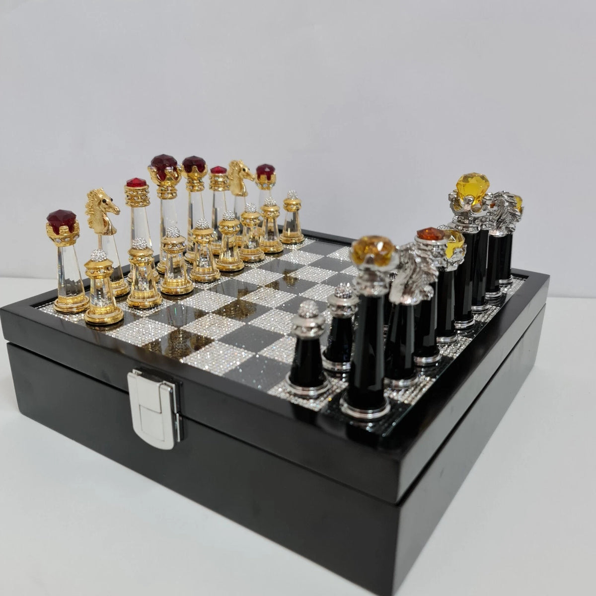 Close-up of individual crystal chess piece craftsmanship