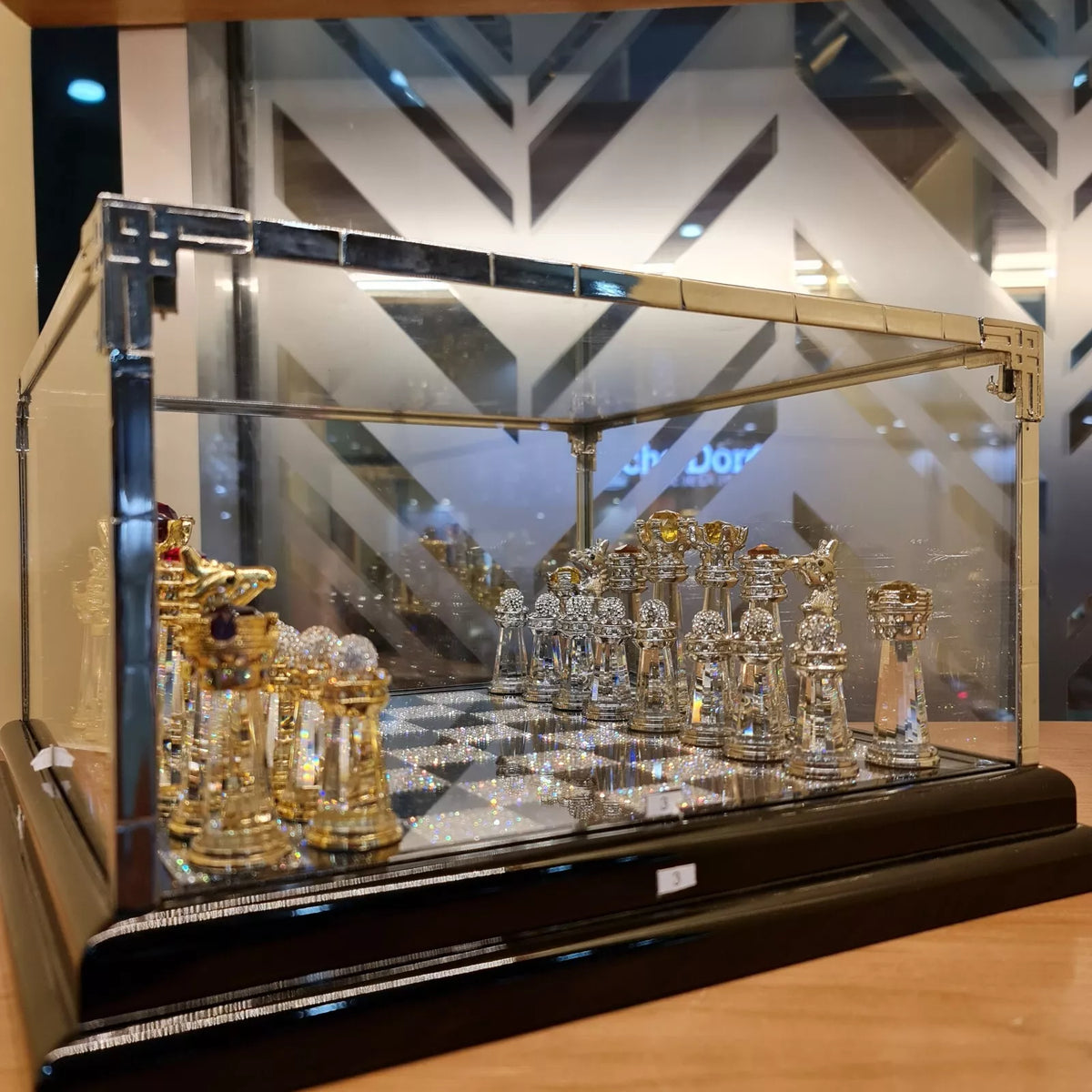 High-resolution view of the Egyptian crystal chess set and display box