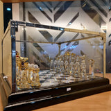 High-resolution view of the Egyptian crystal chess set and display box