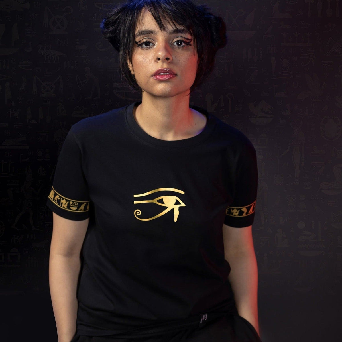 Black Ancient Egypt t-shirt with Eye of Horus design, front view