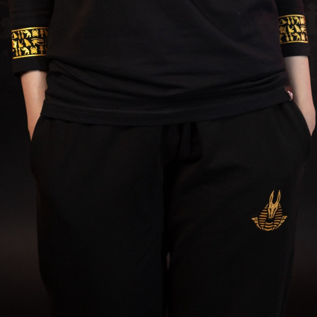 Anubis embroidered sweatpants, close-up of the embroidered design