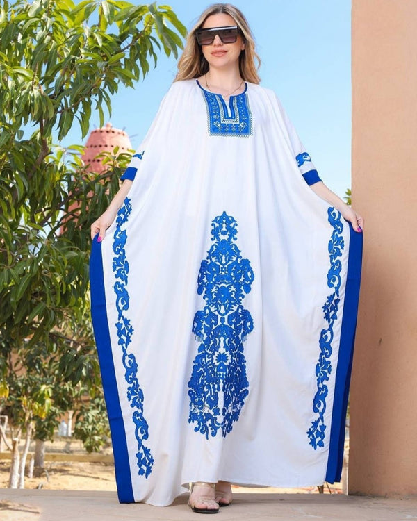 Elegant White plus size embroidered Kaftan, Loose fit Bohemian Caftan