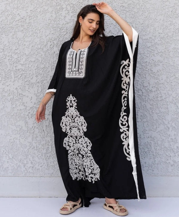 Elegant Black plus size embroidered Kaftan, Loose fit Bohemian Caftan