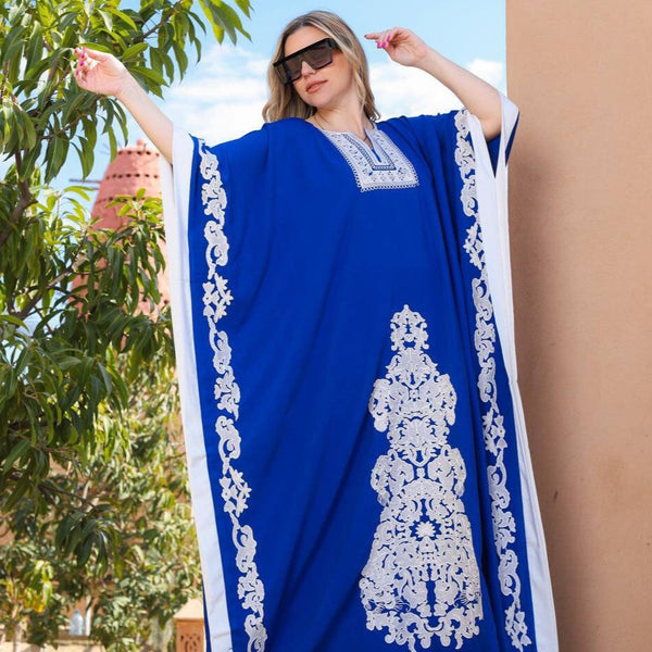 Amazing Blue plus size embroidered Kaftan, Loose fit Bohemian Caftan