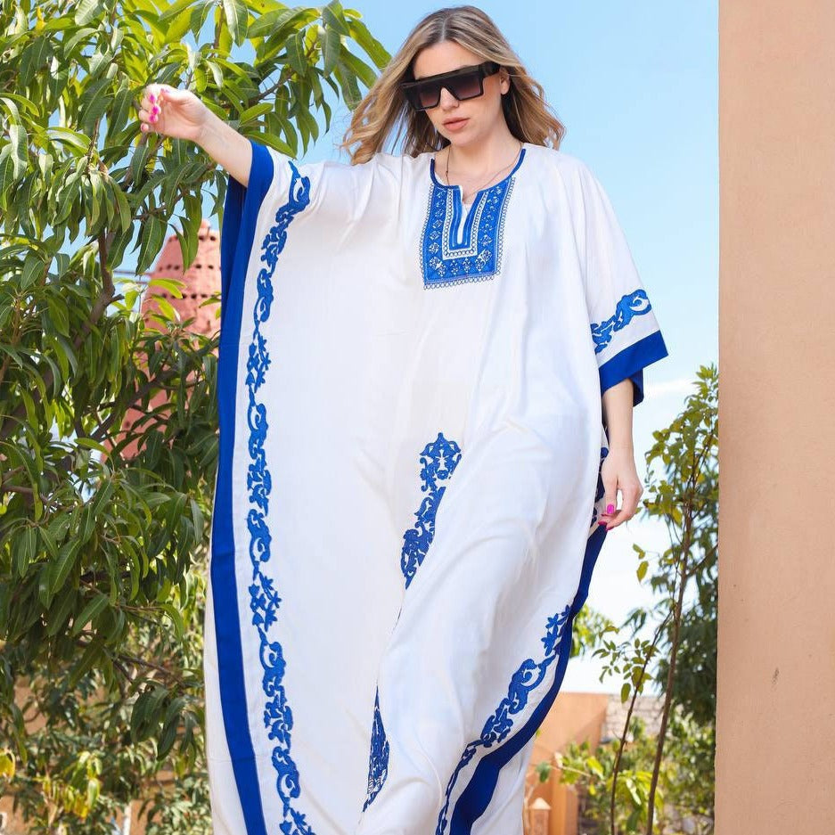 Elegant White plus size embroidered Kaftan, Loose fit Bohemian Caftan